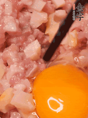 豬肉末、咸肉丁，分次加蔥姜水，一勺糖、一丟白胡椒，春筍丁，打入一個雞蛋